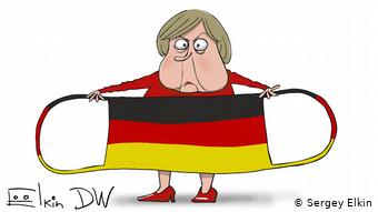 Карикатура: Ангела Меркель с огромной маской в цветах флага ФРГ 