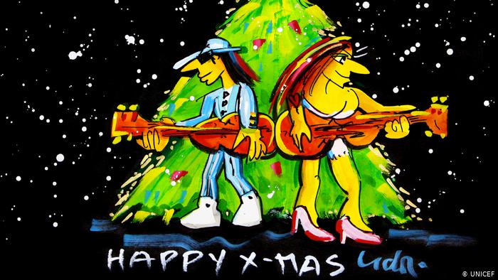 В Германии к Рождеству можно купить специальные благотворительные открытки, средства от продажи которых поступают в детский фонд ООН - ЮНИСЕФ. Такую карточку в 2016 году оформил для этой акции легендарный рок-музыкант Удо Линденберг (Udo Lindenberg)