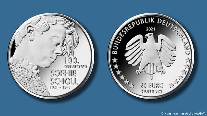 Памятная серебряная монета к 100-летию со дня рождения Софи Шолль 