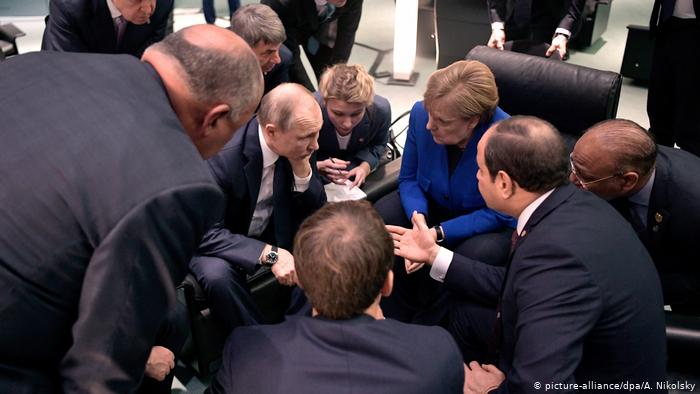 Владимир Путин, Ангела Меркель и Абдель Фаттах ас-Сиси на конференции по Ливии в Берлине