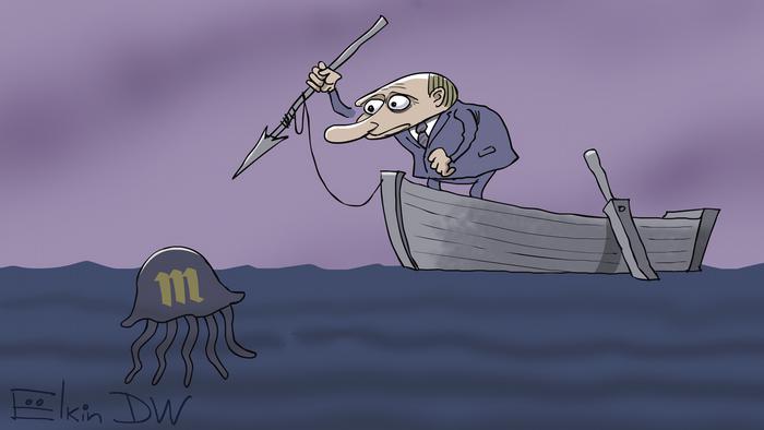 Путин стоит в лодке и бросает гарпун в медузу, на которой изображен логотип одноименного СМИ 