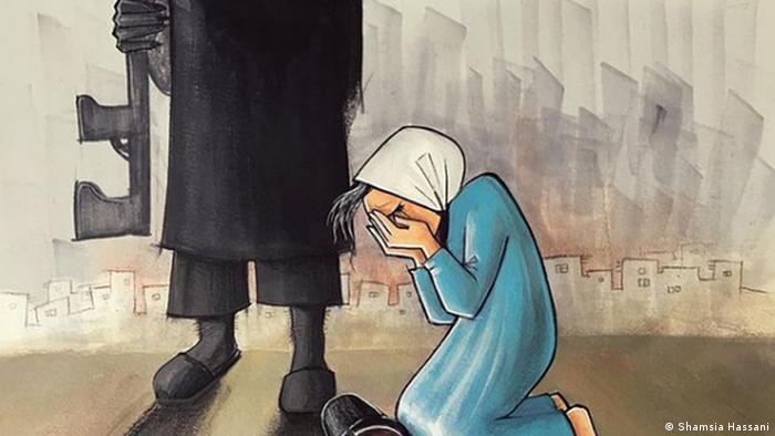Шамсия Хассани. Картина Смерть тьмы : девочка стоит на коленях перед мужчиной в черном, закрыв лицо руками