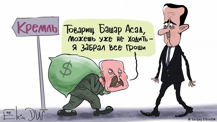 Karikatur von Sergey Elkin | Syrischer Machthaber Baschar al-Assad bei Putin