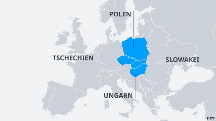 Вышеградская четверка: карта Польши, Чехии, Словакии и Венгрии