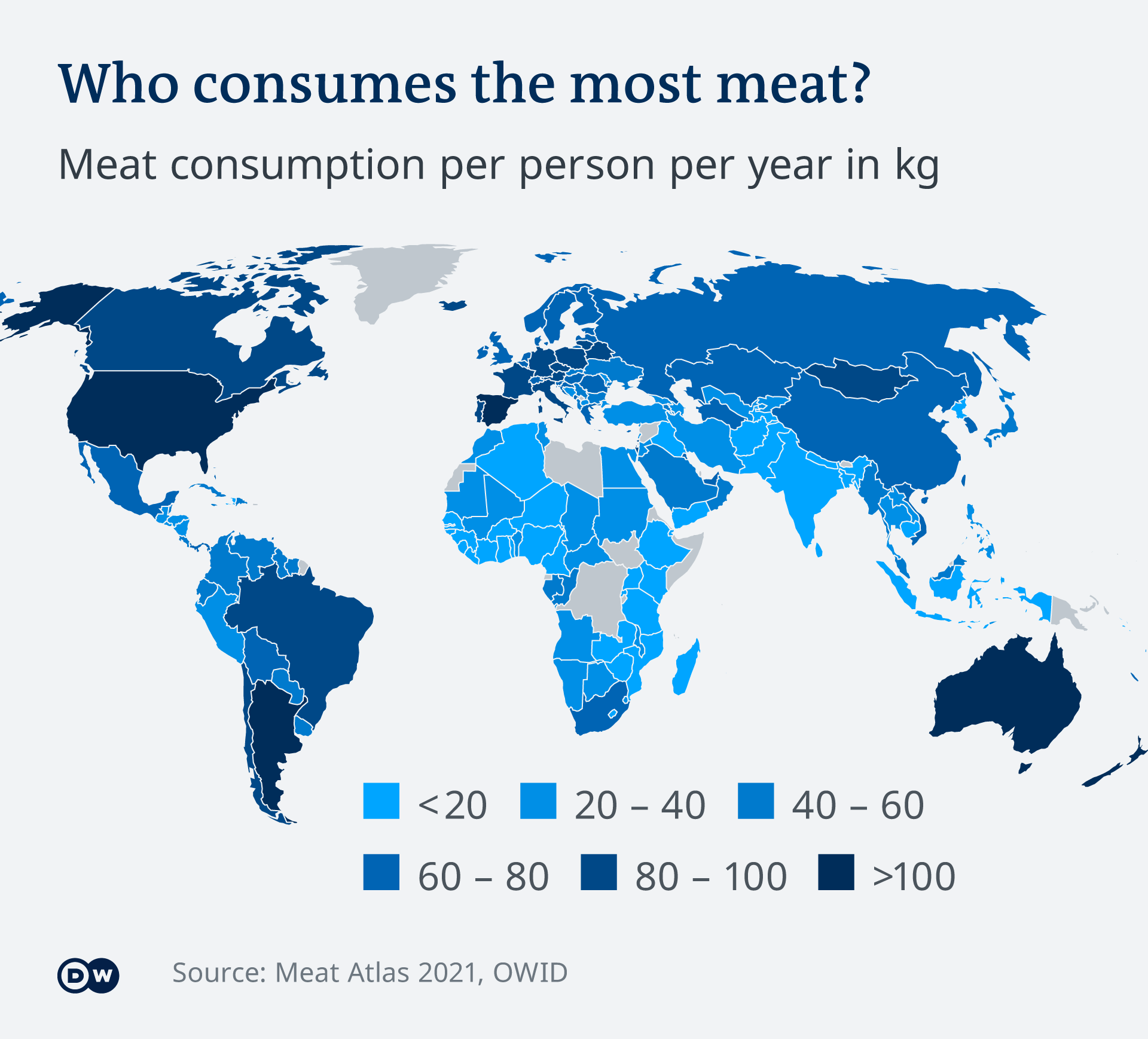 Потребление мяса в странах мира в 2021 году (в кг на душу населения)