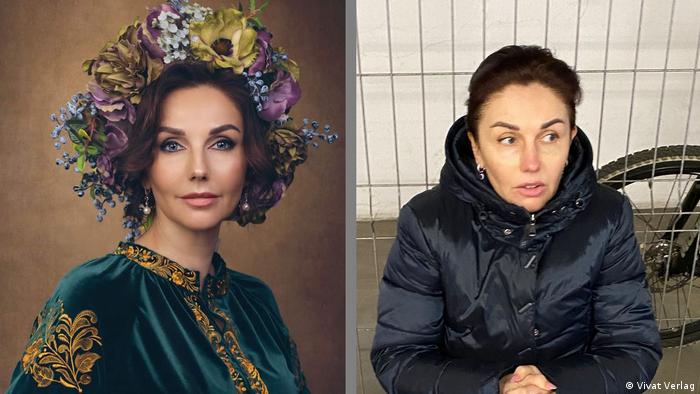 Издательница Юлия Орлова в украинском национальном костюме до войны - и в подвале своего дома в марте 2022 года