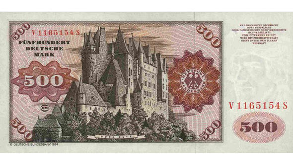 Оборотная сторона купюры в 500 немецких марок с изображением замка Эльц